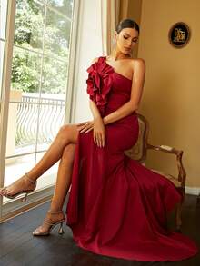 Missord Đầm Bất đối xứng Xù Dây kéo Tách cao màu trơn Hấp dẫn - Màu Đỏ Sâu - Xem 5