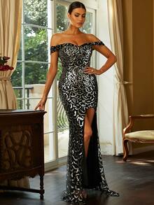 Missord 一字肩高開叉下擺開叉亮片拼接正式連衣裙 - 銀色 - 查看 5