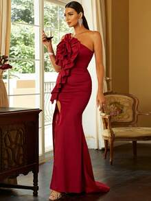 Missord Đầm Bất đối xứng Xù Dây kéo Tách cao màu trơn Hấp dẫn - Màu Đỏ Sâu - Xem 7