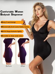 Deep V-neck Full Body Tummy Control Shapewear Slip Dress - Black - View 1