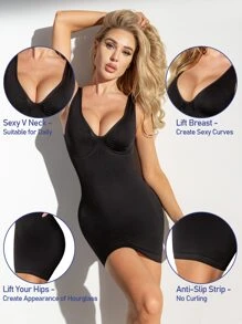 Deep V-neck Full Body Tummy Control Shapewear Slip Dress - Black - View 3