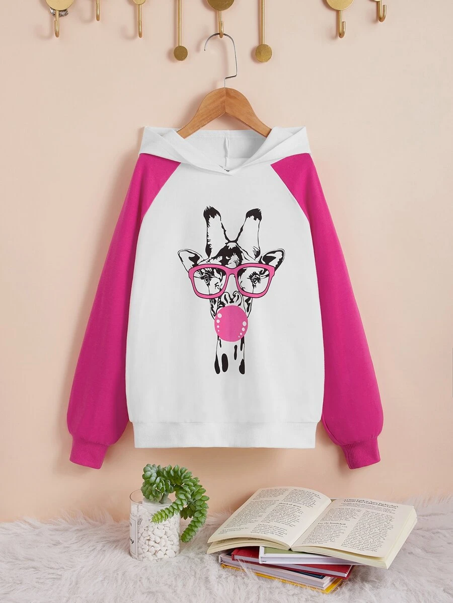 SHEIN 女孩卡通圖案插肩袖連帽衫