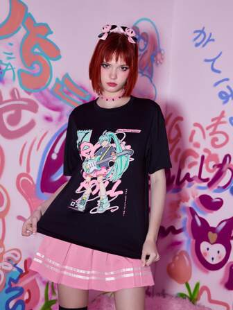 Anime Figure Print Drop Shoulder Tee