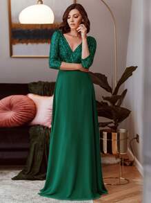 Fall Elegant Contrast Sequin Evening Formal Dress Semi Formal Dress For Party Dinner - Green - View 2
