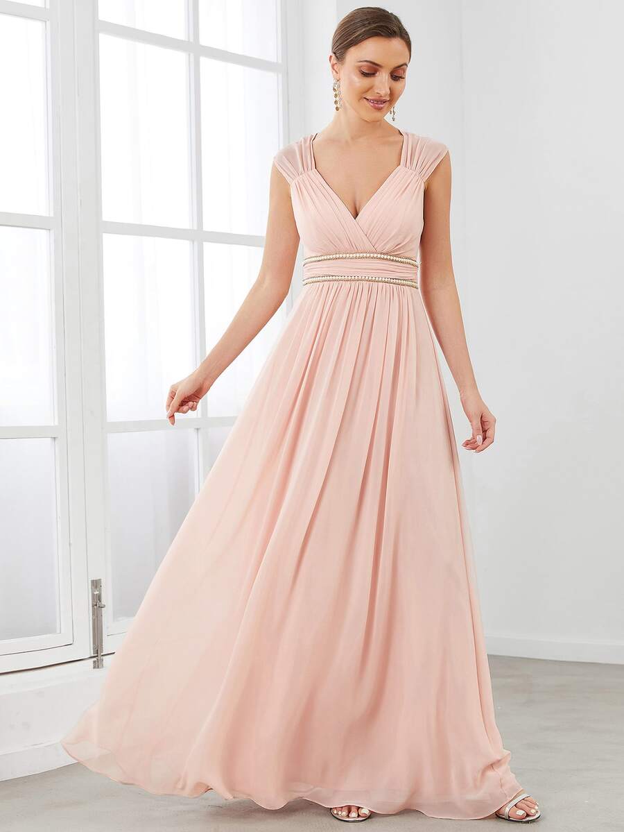 EVERPRETTY Sweetheart Cut Out Back Chiffon Dress With Pearls Belt Formal Dresses - Baby Pink - View 1