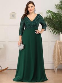 EVER-PRETTY Plus Sequin V Neck Chiffon Prom Evening Dress Party Dress Dinner Wedding Guest Dress Formal Dress,Gown