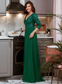 Fall Elegant Contrast Sequin Evening Formal Dress Semi Formal Dress For Party Dinner - Green - View 4
