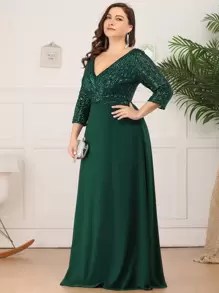 EVERPRETTY Sequin V-Neck Chiffon Dark Green Evening Dress, Party Dress, Autumn Wedding Guest Formal Dress, Mother Of The Bride, Valentine's Day Glam Dresses - Dark Green - View 5