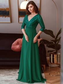 Fall Elegant Contrast Sequin Evening Formal Dress Semi Formal Dress For Party Dinner - Green - View 5