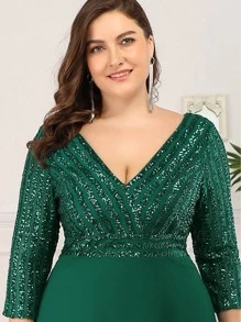 EVERPRETTY Sequin V-Neck Chiffon Dark Green Evening Dress, Party Dress, Autumn Wedding Guest Formal Dress, Mother Of The Bride, Valentine's Day Glam Dresses - Dark Green - View 6