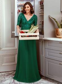 Fall Elegant Contrast Sequin Evening Formal Dress Semi Formal Dress For Party Dinner - Green - View 6