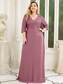 EVERPRETTY Sequin V-Neck Chiffon Evening Gown, Elegant Formal Dress Suitable For Wedding Guests, Graduation Ceremonies, Galas And Other Formal Occasions - Dusty Pink - View 6