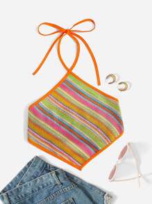 SHEIN MOD 繞頸條紋圖案後背繫帶短款上衣 - 彩色 - 查看 1
