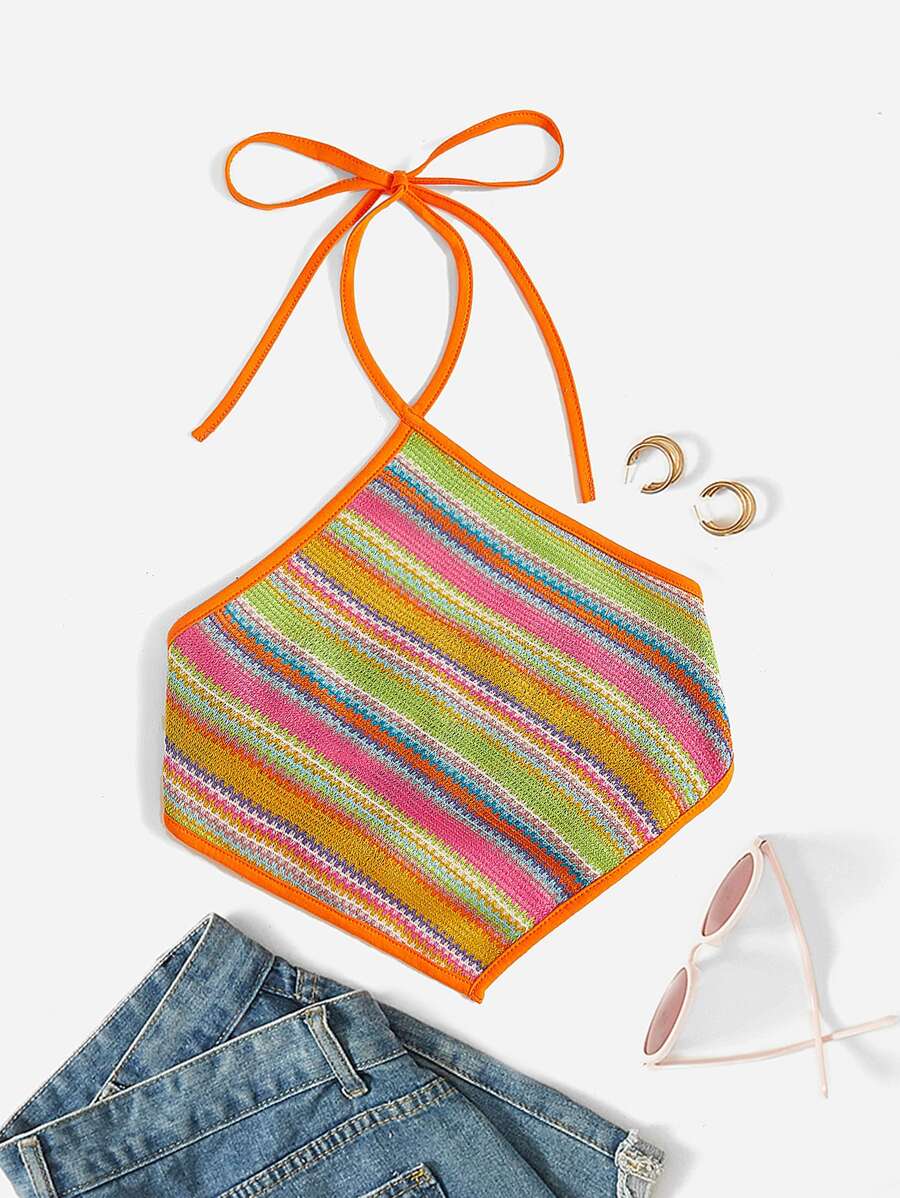 SHEIN MOD 繞頸條紋圖案後背繫帶短款上衣 - 彩色 - 查看 1