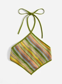 SHEIN MOD 繞頸條紋圖案後背繫帶短款上衣 - 彩色 - 查看 3