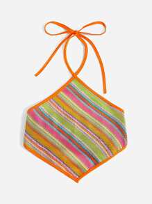 SHEIN MOD 繞頸條紋圖案後背繫帶短款上衣 - 彩色 - 查看 3