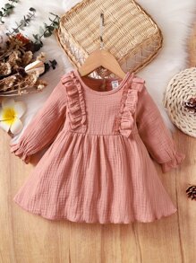 Baby Textured Ruffle Trim Flounce Sleeve Dress - Dusty Pink - View 1