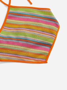 SHEIN MOD 繞頸條紋圖案後背繫帶短款上衣 - 彩色 - 查看 5