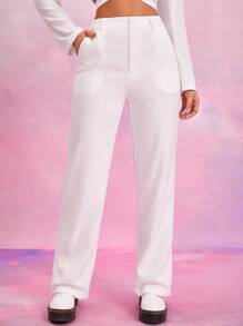 SHEIN BAE 高腰斜口袋長褲 - 白色 - 查看 4