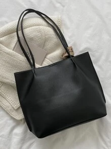 1 Piece Of Quilted Solid Color PU Lady Tote Bag With Hanging Decoration, Large Capacity, Magnetic Closure, Suitable For Ladies' Shopping, Taking Photos, Going To Work, Festivals, As A Gift, Shoulder Tote Bag For Ladies. - Black - View 3