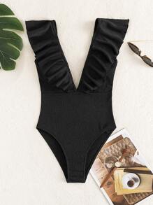 Double V Neck Ruffle Trim One Piece Swimsuit - Black - View 3