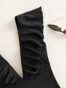 Double V Neck Ruffle Trim One Piece Swimsuit - Black - View 4