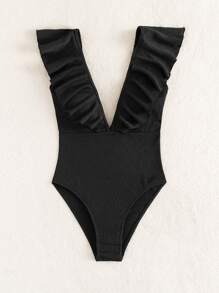 Double V Neck Ruffle Trim One Piece Swimsuit - Black - View 5