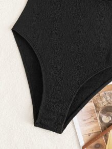 Double V Neck Ruffle Trim One Piece Swimsuit - Black - View 6