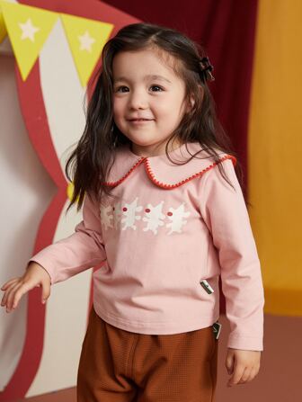 小女童卡通圖案彼得潘領T恤