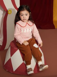 小女童卡通圖案彼得潘領T恤 - 淺粉色 - 查看 4