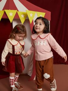 小女童卡通圖案彼得潘領T恤 - 淺粉色 - 查看 6