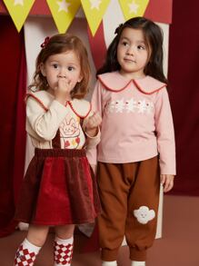 小女童卡通圖案彼得潘領T恤 - 淺粉色 - 查看 7