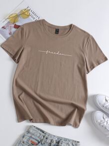 SHEIN Unity Letter Graphic Round Neck Tee Graphic Tees Women Tops - Mocha Brown - View 1