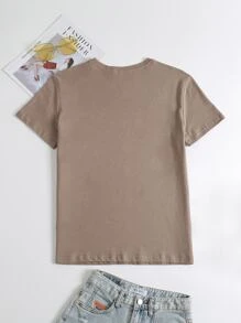 SHEIN Unity Letter Graphic Round Neck Tee Graphic Tees Women Tops - Mocha Brown - View 2