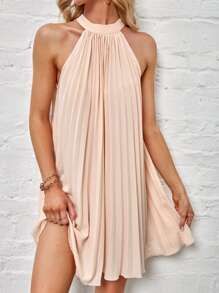 SHEIN BAE Tie Back Pleated Halter Dress - Dusty Pink - View 1