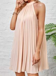 SHEIN BAE Tie Back Pleated Halter Dress - Dusty Pink - View 4