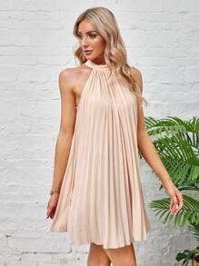 SHEIN BAE Tie Back Pleated Halter Dress - Dusty Pink - View 5