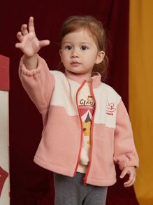 Toddler Girls 1pc Rabbit & Letter Embroidery Two Tone Coat - Coral Pink - View 1