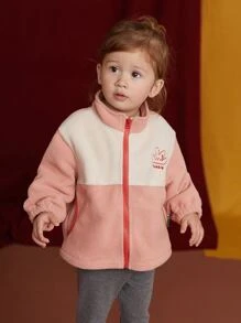 Toddler Girls 1pc Rabbit & Letter Embroidery Two Tone Coat - Coral Pink - View 6