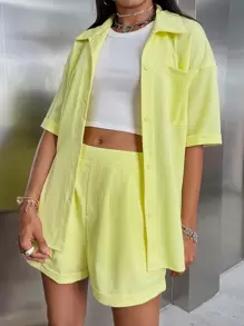 SHEIN Qutie Patched Pocket Drop Shoulder Blouse & Roll Up Hem Shorts - Yellow - View 1