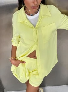 SHEIN Qutie Patched Pocket Drop Shoulder Blouse & Roll Up Hem Shorts - Yellow - View 4