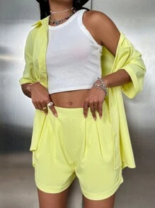 SHEIN Qutie Patched Pocket Drop Shoulder Blouse & Roll Up Hem Shorts - Yellow - View 6