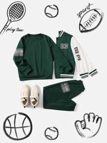 SHEIN Boys Letter Graphic Pullover & Joggers Without Jacket - Dark Green - View 3