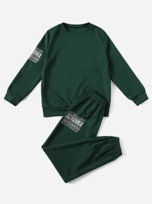SHEIN Boys Letter Graphic Pullover & Joggers Without Jacket - Dark Green - View 1
