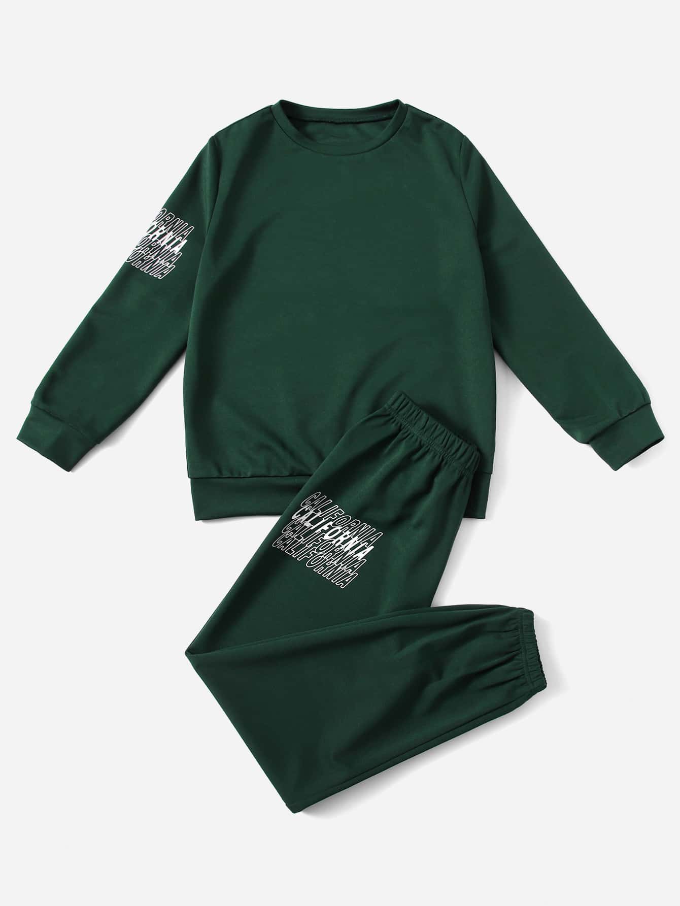 SHEIN Boys Letter Graphic Pullover & Joggers Without Jacket - Dark Green - View 1