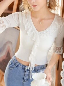 Knit Mix Contrast Lace Ruffle Trim Flounce Sleeve Knit Top - White - View 5