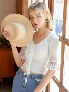 Knit Mix Contrast Lace Ruffle Trim Flounce Sleeve Knit Top - White - View 6