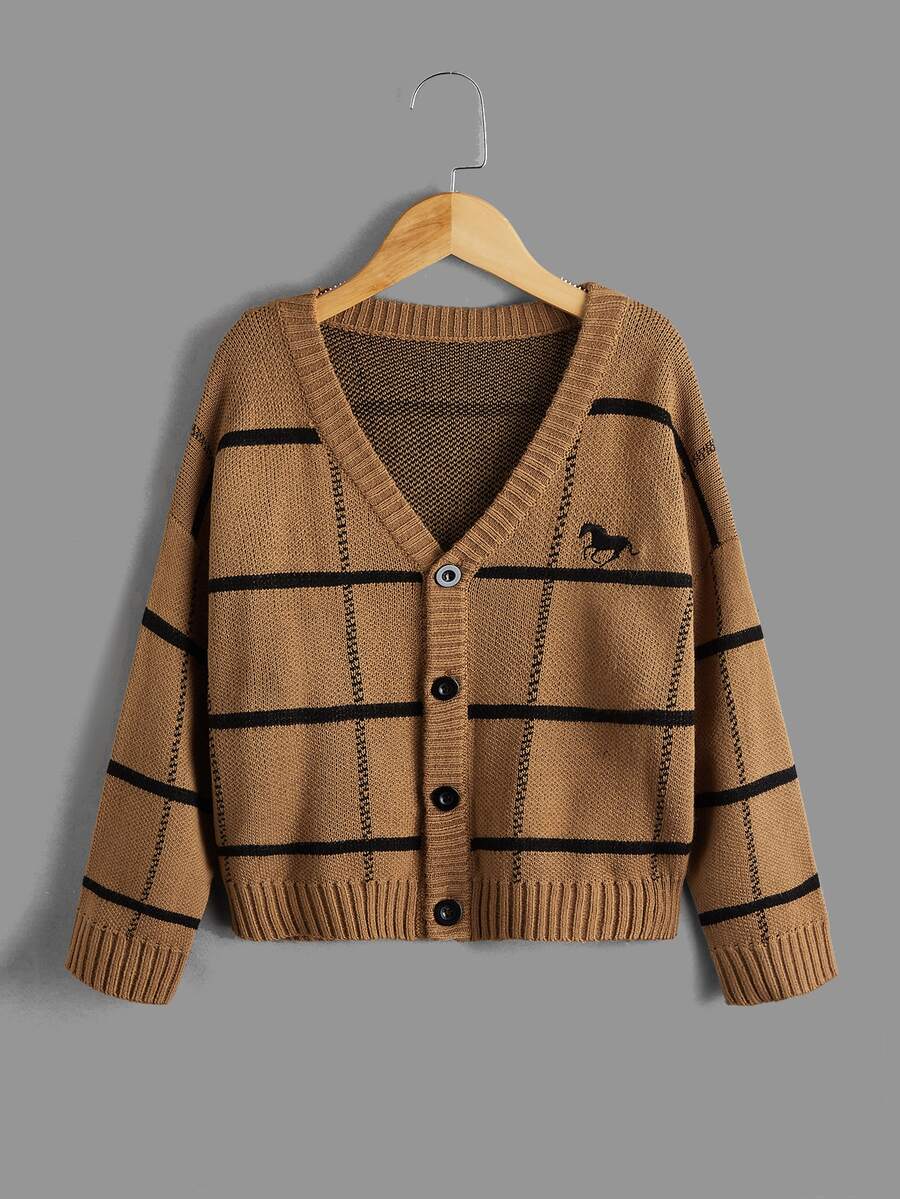 SHEIN Boys Plaid Pattern Horse Embroidered Drop Shoulder Cardigan - Brown - View 1