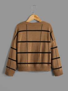 SHEIN Boys Plaid Pattern Horse Embroidered Drop Shoulder Cardigan - Brown - View 2