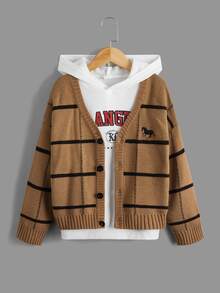 SHEIN Boys Plaid Pattern Horse Embroidered Drop Shoulder Cardigan - Brown - View 5